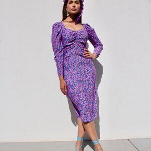 Zara Ditsy Floral Puff Sleeve Midi Dress XS Pink Purple Cottage Romantic